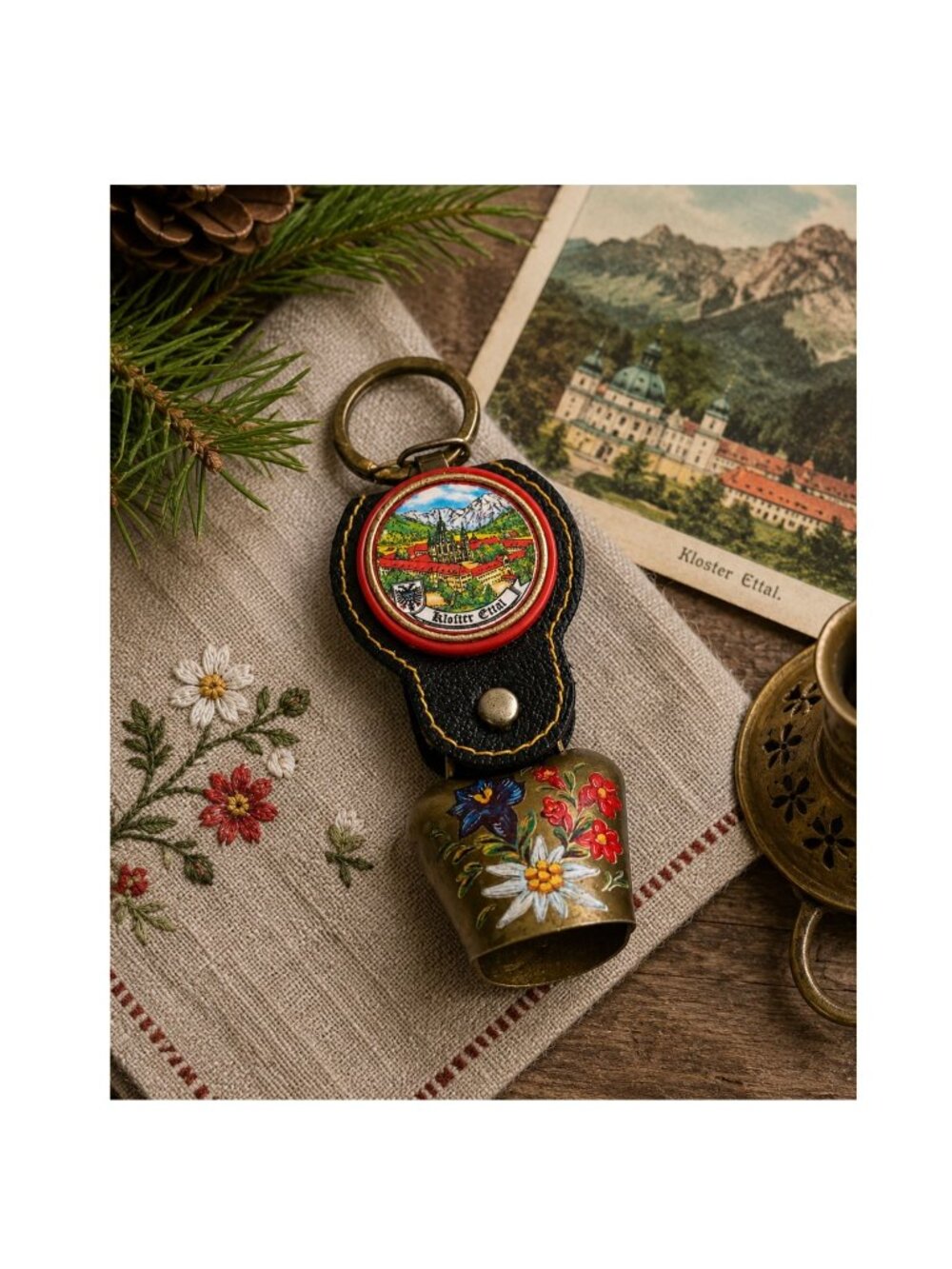 Vintage Bavarian Cowbell Keychain Kloster Ettal Souvenir Hand Painted Alpine